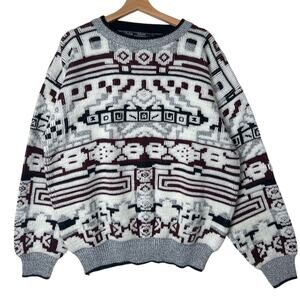 Vintage 80s 90s Expressions Geometric Knit Sweater Men's Size L Large Grey White